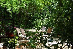 ヴァロン・ポン・ダルクにあるla maison bleueの庭園に座るテーブルと椅子