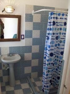 a bathroom with a sink and a shower curtain at Posada San Francisco in Tequisquiapan