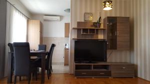 a living room with a television and a table with chairs at Apartmani Frkic in Tisno