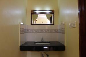 un baño con lavabo y espejo en Hotel Sea View Palace - the beach hotel, en Kovalam
