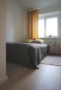 een slaapkamer met een bed en een raam bij Blue city apartment in Klaipėda