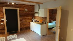 a room with a kitchen and a bedroom with a bed at Mill Hause Apart 1 in Druskininkai
