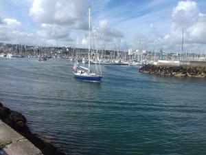 a sailboat in the water in a harbor at Chambres d'Hotes Elvire et Laurent Barbey in Sainte-Marie-du-Mont