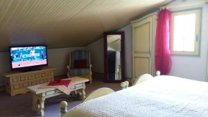 a bedroom with a bed and a flat screen tv at Clos de l'Artuby in Valderoure