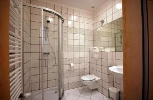 a bathroom with a shower and a toilet and a sink at Platinium Centrum in Wrocław