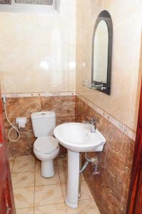 La salle de bains est pourvue de toilettes et d'un lavabo. dans l'établissement Safari Inn, à Dar es Salaam