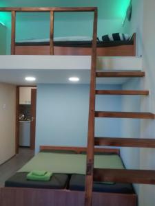 a bunk bed room with two bunk beds and a ladder at Green Panda Apartments in Budapest