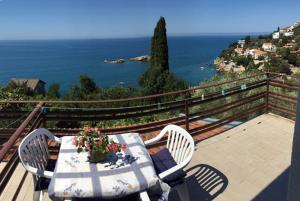 a table and chairs on a balcony with a view of the ocean at Paradiso Apartments - Liman1 in Ulcinj