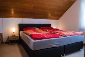 een slaapkamer met een bed met rode en oranje dekens bij Ferienwohnung Wolf in Greven