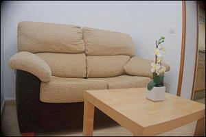 ein Wohnzimmer mit einem Sofa und einem Tisch mit Blumen in der Unterkunft Apartamento centro de Conil in Conil de la Frontera