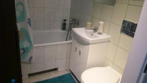 La salle de bains est pourvue de toilettes, d'un lavabo et d'une douche. dans l'établissement Apartament Obrońców Wybrzeża, à Gdańsk