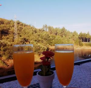two glasses of beer sitting on a table with a view at São Cristóvão Nature Country Hotel in Venda Nova