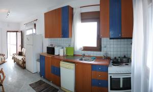a kitchen with wooden cabinets and a white refrigerator at Dafni's Home 50 meters from the beach in Yerakiní +15 photos