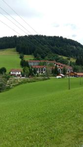 ein Grüngrasfeld mit Häusern im Hintergrund in der Unterkunft Ferienwohnung Stroh in Missen-Wilhams