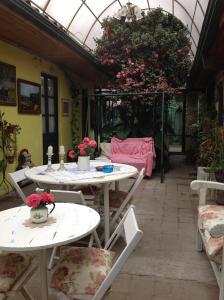 une terrasse avec deux tables et une serre fleurie dans l'établissement Hostal Renoir, à San Fernando