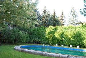 una piscina en un patio con árboles en Ferienwohnung Aronia, en Ludwigslust