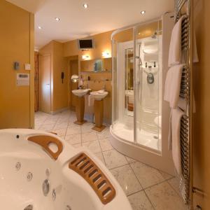 een grote badkamer met een bad en een douche bij Hôtellerie Du Bas-Bréau in Barbizon