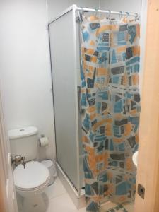 y baño con cortina de ducha y aseo. en Departamentos y Habitaciones Centro Osorno, en Osorno
