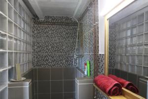 a bathroom with a shower with red towels in it at Cottage by the woods in Balatonhenye +37 photos