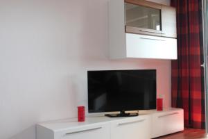 a flat screen tv sitting on a white entertainment center at Ferienwohnungen Lübbers in Braunlage