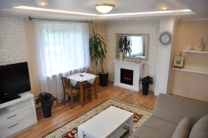 a living room with a table and a fireplace at Angel Apartment in Krynica Zdrój
