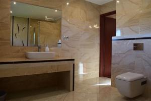 łazienka z umywalką, toaletą i lustrem w obiekcie Apartamenty Bahus - Centrum w Ustroniu +32 zdjęcia