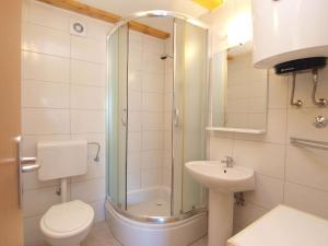 a bathroom with a shower and a toilet and a sink at Apartments Elsa 534 in Štinjan