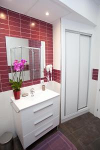 La salle de bains est pourvue d'un lavabo blanc et d'un miroir. dans l'établissement Sol Gran Vía, à Madrid
