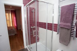 La salle de bains est pourvue d'une douche en verre et de carrelage violet. dans l'établissement Sol Gran Vía, à Madrid