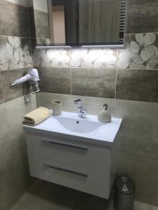 a bathroom with a white sink and a mirror at Apartman illy in Veľký Slavkov +20 photos