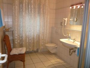 a bathroom with a sink and a toilet and a shower at Hotel Geissler in Stuttgart