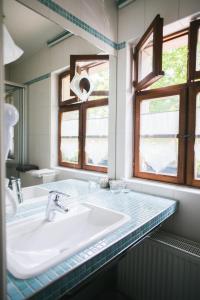 a bathroom with a sink and a mirror at Hotel Zirbelstube in Nuremberg