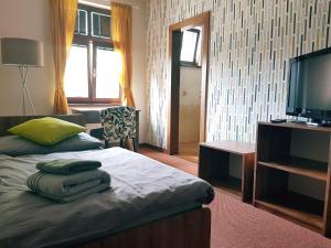 a bedroom with a bed with a television and a chair at Penzion Bily Beranek in Kadaň