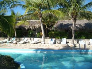 ein Resortpool mit Palmen und Stühlen in der Unterkunft Hotel Playazul in Santa Cruz de Barahona
