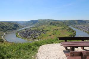 a bench sitting on top of a hill overlooking a river at Ferienwohnung Meuser in Traben-Trarbach