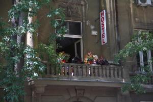 a balcony of a building with flowers on it at Hostel Sova in Novi Sad +35 photos