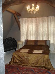 a bedroom with a bed and a chandelier at Aparthotel De Beek Anno 1410 in Sint-Truiden