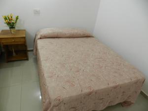 Cama pequeña en habitación con mesa en Hotel Colon en Posadas