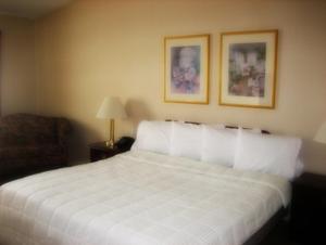 um quarto com uma grande cama branca e uma cadeira em Inn at Arbor Ridge Hotel and Conference Center em Hopewell Junction