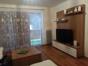 a living room with a flat screen tv and a window at Apartman Tale in Tale