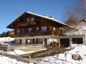 ein großes Holzhaus im Schnee in der Unterkunft Chalet Sunneschyn in Schwanden