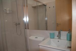 a bathroom with a toilet and a sink and a shower at OportoView Alegria Apartment in Porto