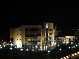 a large building with lights in front of it at night at Black Tulip Hotel in Dej