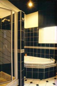 a black tiled bathroom with a shower and a sink at Murrayfield Park Guest House in Edinburgh