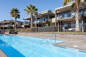 a swimming pool in front of a building with palm trees at Sovereign Pier On The Waterways in Whitianga