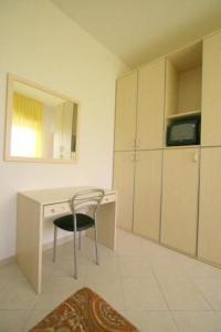 a room with a desk with a chair and a microwave at Hotel Sacramora in Rimini