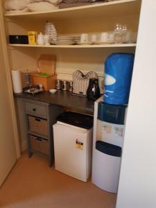 a small kitchen with a counter and a refrigerator at The Glen Taupo in Taupo