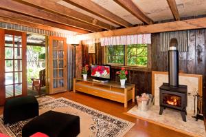 a living room with a fireplace and a stove at Possum Lodge At Cloudhill Estate in Mount Tamborine