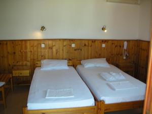 two beds in a room with wooden walls at Lemon House in Kokkari
