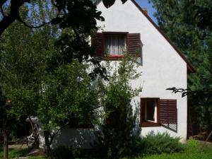 イゴルにあるOrgona nyaralóházの赤いシャッター窓と木のある白い家